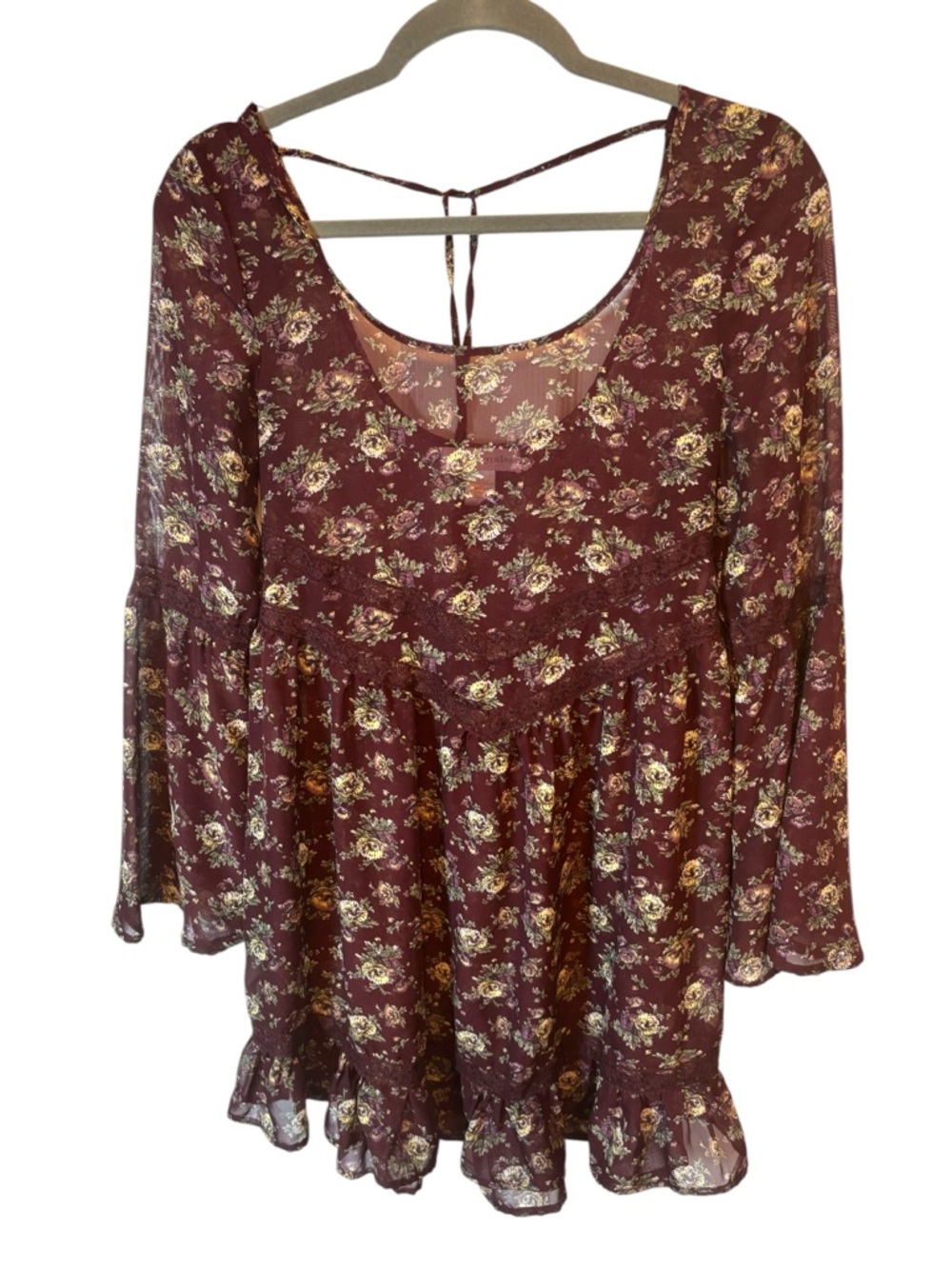 Band of Gypsies Burgundy Floral Peasant Tunic bell sleeves ruffles Size XS